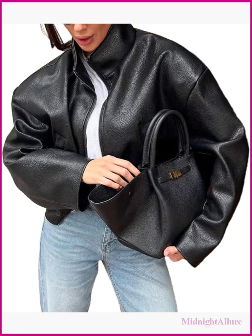 Women's Faux Leather Motorcycle Jacket Bomber Jacket Stand Collar Zipper Long